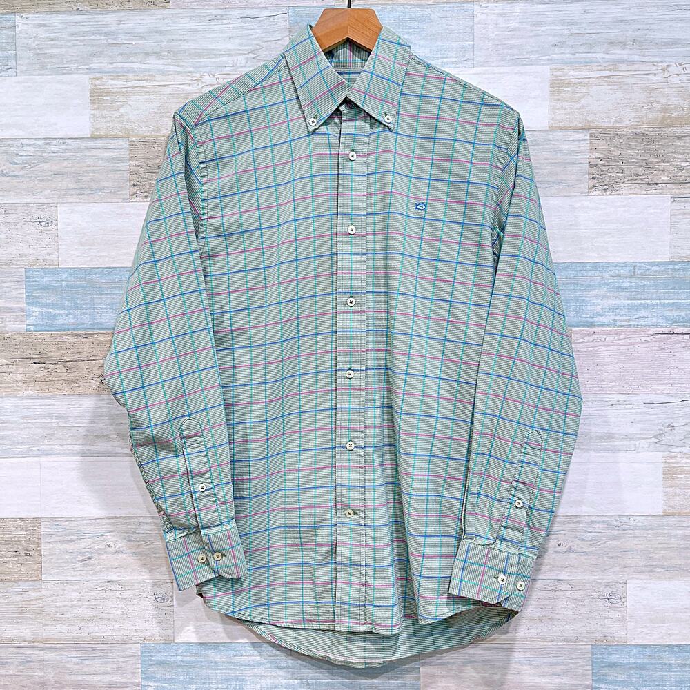 Southern Tide Grid Check Button Down Shirt Green Cotton Stretch Prep Mens Small